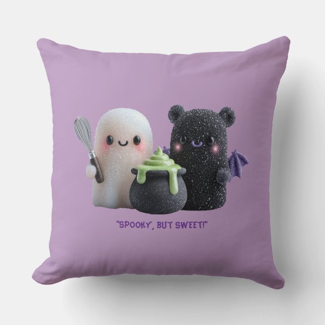 Spooky But Sweet Cute Ghost & Bear Throw Pillow (Front)