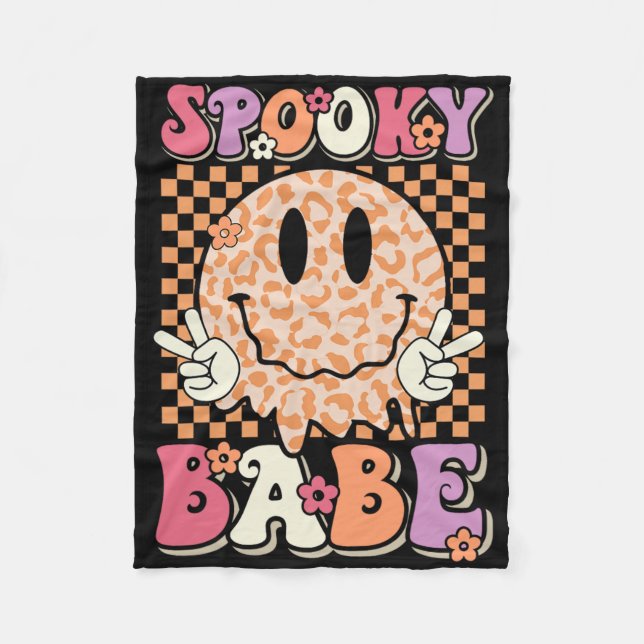 Spooky Bybe Groovy Halloween Leopard Smile Face Ch Fleece Blanket (Front)