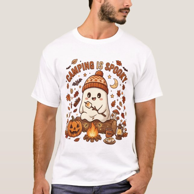 Spooky Campfire Ghost – Cute Halloween Camping T-Shirt (Front)