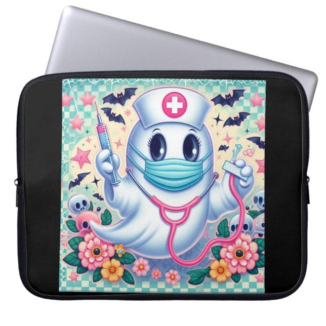 Spooky Cartoon Ghost Nurse: Halloween Art  Laptop Sleeve (Front)