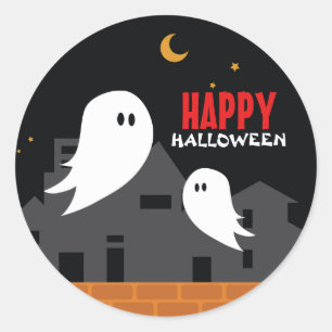 Spooky cartoon ghost town halloween night classic round sticker