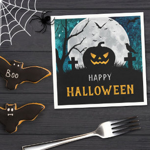 Spooky Carved Pumpkin Graveyard Halloween Party Napkin