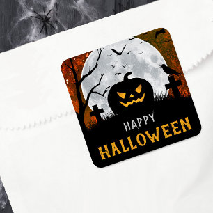 Spooky Carved Pumpkin Graveyard Halloween Party Square Sticker