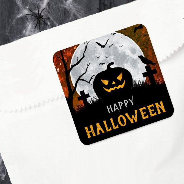 Spooky Carved Pumpkin Graveyard Halloween Party Square Sticker (Creator Uploaded)