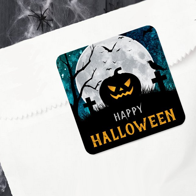 Spooky Carved Pumpkin Graveyard Halloween Party Square Sticker (Creator Uploaded)