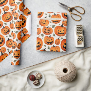 Spooky Carved Pumpkins & Fall Leaves Halloween Wrapping Paper