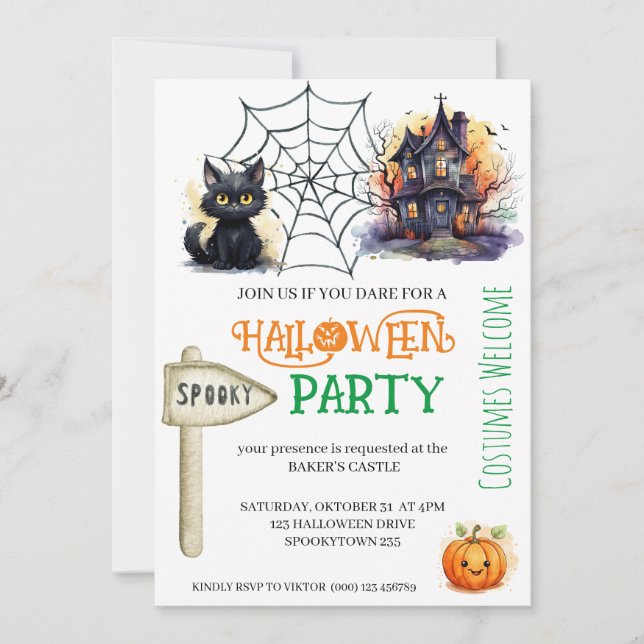 Spooky Cat and Castle Halloween Party Invitation (Front)