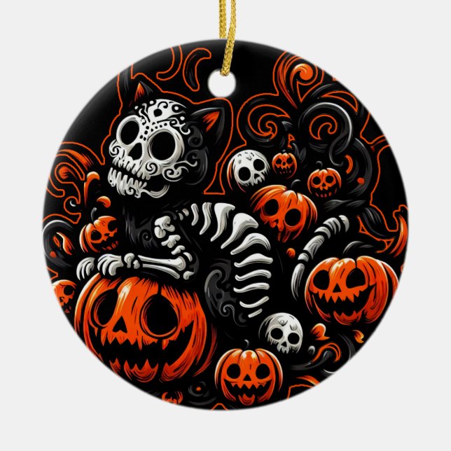 Spooky Cat and Pumpkins Ceramic Tree Decoration (Front)