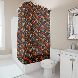 Spooky Cat and Pumpkins Shower Curtain