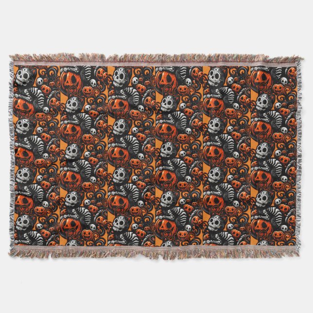 Spooky Cat and Pumpkins Throw Blanket (Front)