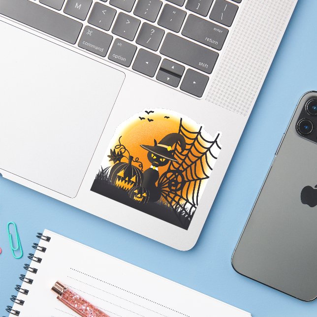 Spooky cat and spider Halloween (Laptop w/ iPhone)