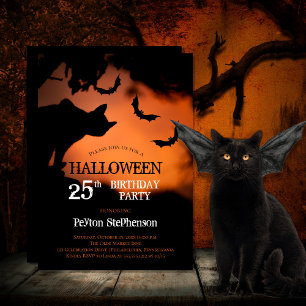 Spooky Cat   Bats Halloween 25th Birthday Party Invitation