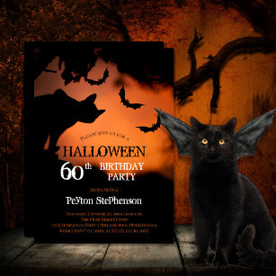 Spooky Cat   Bats Halloween 60th Birthday Party Invitation