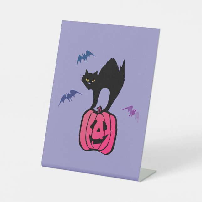 Spooky Cat Halloween Pumpkin Pop Art Pedestal Sign (Front)
