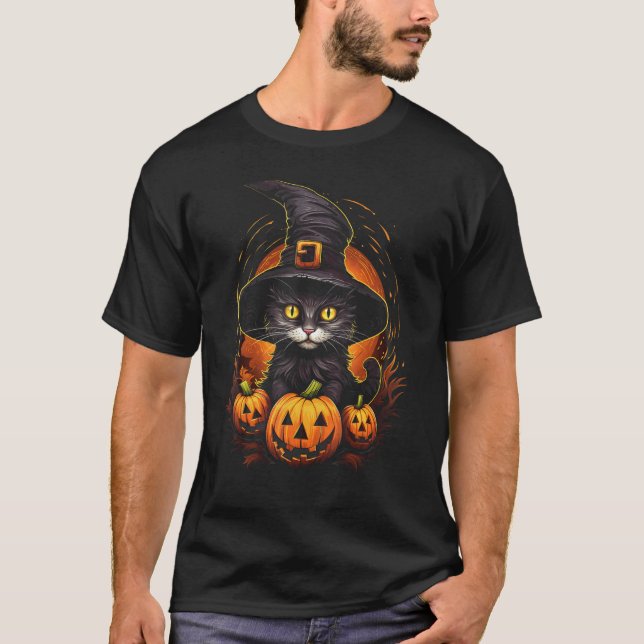 Spooky Cat in Witch Hat with Pumpkins Funny Graphi T-Shirt (Front)