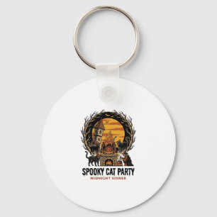 Spooky Cat Party Vintage Engraving Halloween Shirt Key Ring
