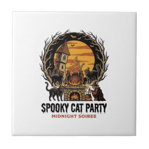 Spooky Cat Party Vintage Engraving Halloween Shirt Tile