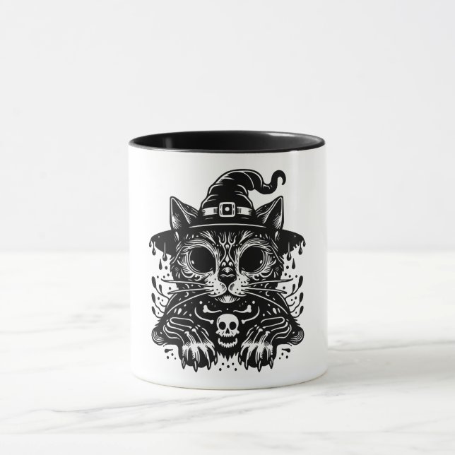Spooky Cat Wearing Witch Hat Halloween Mug (Center)