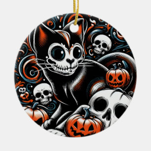 Spooky Cat with Skulls Ceramic Tree Decoration