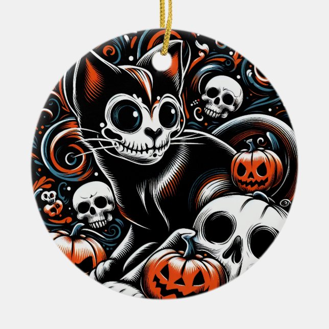 Spooky Cat with Skulls Ceramic Tree Decoration (Front)