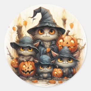 Spooky cats and orange pumpkins classic round sticker
