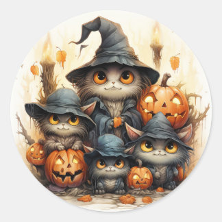 Spooky cats and orange pumpkins classic round sticker