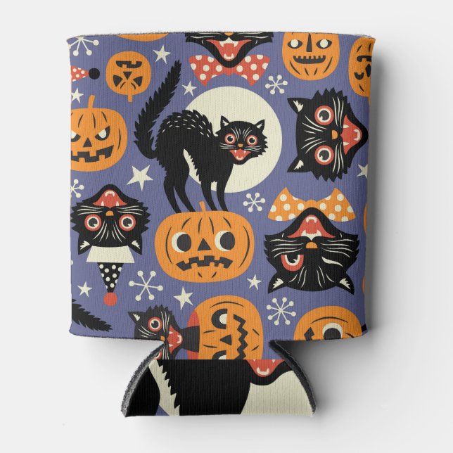 Spooky Cats Pumpkins Purple Pattern Can Cooler (Front)