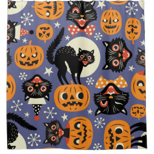 Spooky Cats Pumpkins Purple Pattern Shower Curtain