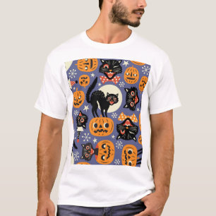 Spooky Cats Pumpkins Purple Pattern T-Shirt