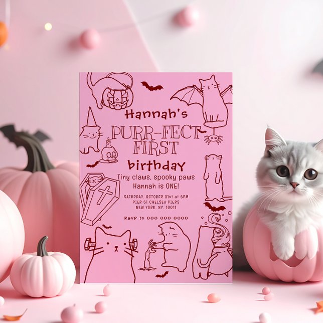 Spooky Cats themed First Birthday Party Invitation (Creator Uploaded)