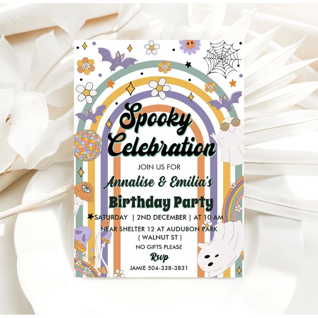 Spooky Celebration Groovy Rainbow Birthday Party Invitation (Creator Uploaded)