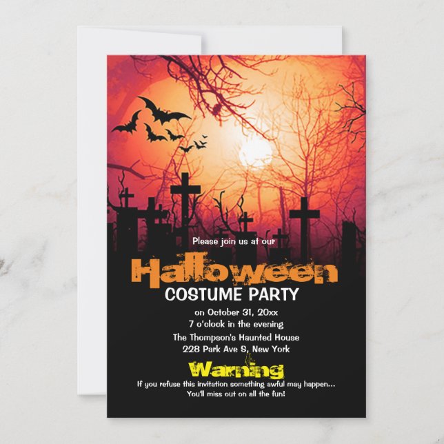 Spooky Cemetery Moon Bats Halloween Costume Party Invitation (Front)