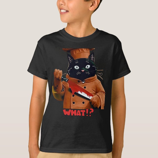 Spooky Chef Cat "What!?" Halloween Kids' T-Shirt (Front)