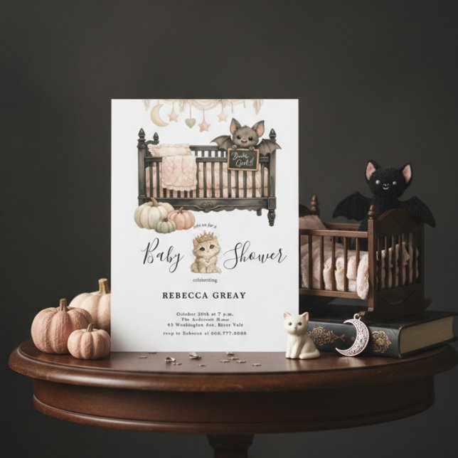 Spooky Chic Gothic Bat & Kitten Baby Girl Shower  Invitation (Creator Uploaded)