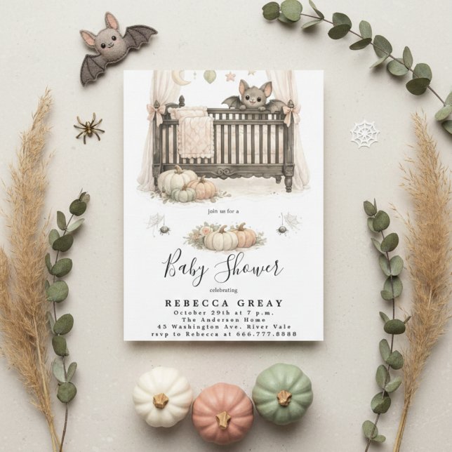 Spooky Chic Gothic Bat & Pumpkins Baby Shower Invitation (Creator Uploaded)