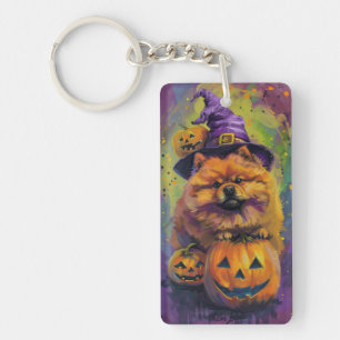 Spooky Chow Chow Dog Halloween Witch And Pumpkin Key Ring