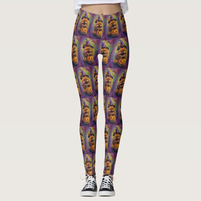 Spooky Chow Chow Dog Halloween Witch And Pumpkin  Leggings (Front)