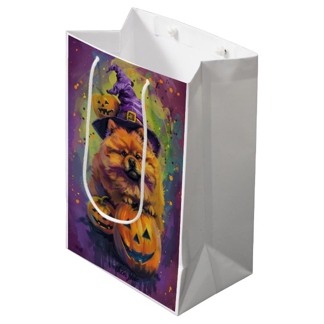 Spooky Chow Chow Dog Halloween Witch And Pumpkin  Medium Gift Bag (Front Angled)