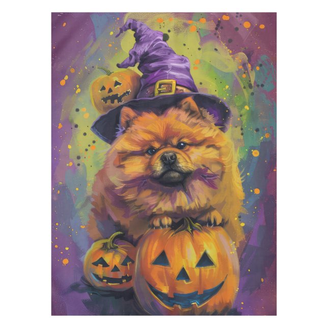 Spooky Chow Chow Dog Halloween Witch And Pumpkin  Tablecloth (Front)
