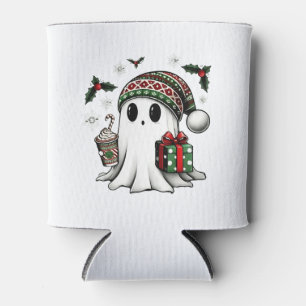Spooky Christmas Halloween Ghost Santa Hat Can Cooler