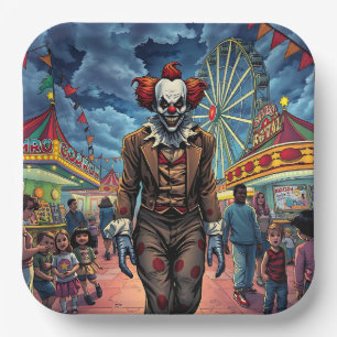 Spooky Clown at Carnival Comic Style Paper Plate