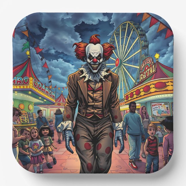 Spooky Clown at Carnival Comic Style Paper Plate (Front)