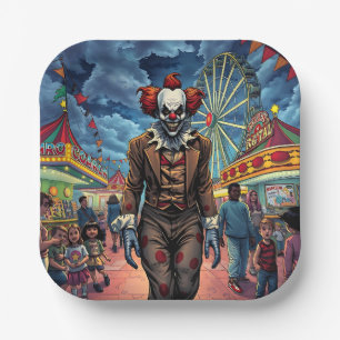 Spooky Clown at Carnival Comic Style Paper Plate