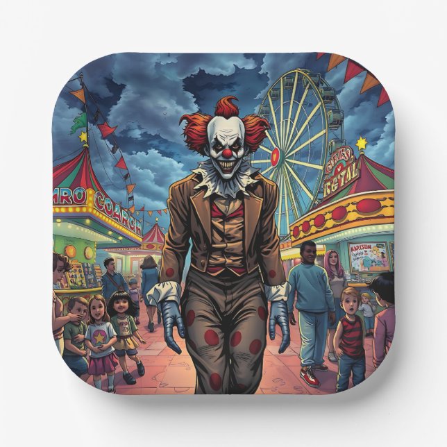 Spooky Clown at Carnival Comic Style Paper Plate (Front)