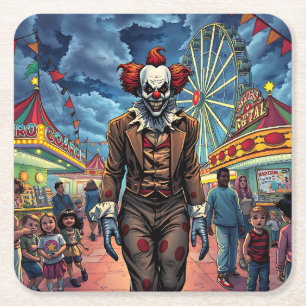 Spooky Clown at Carnival Comic Style Square Paper Coaster