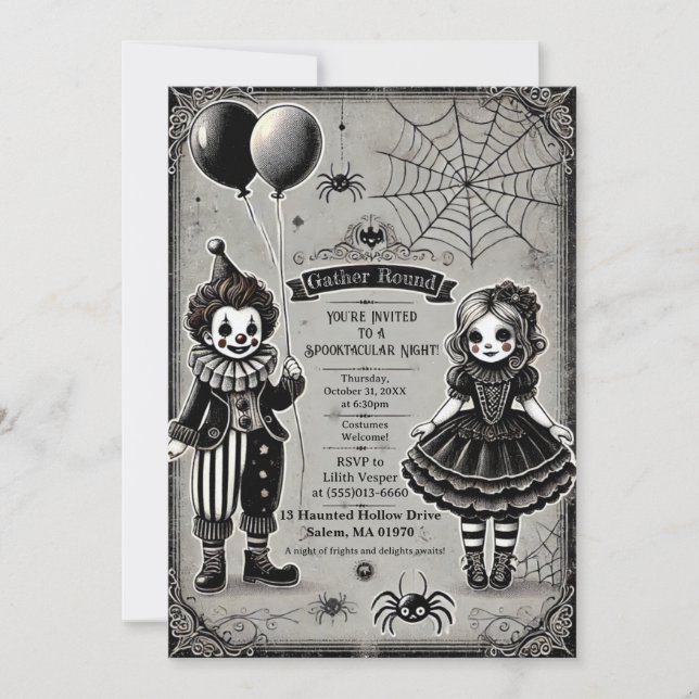 Spooky Clown & Doll Halloween Invitation (Front)