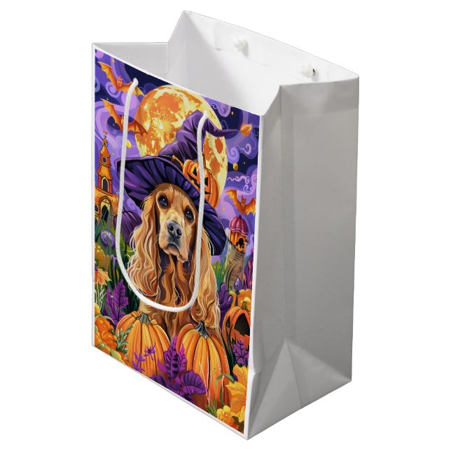 Spooky Cocker Spaniel Dog Halloween Witch Pumpkin Medium Gift Bag (Front Angled)