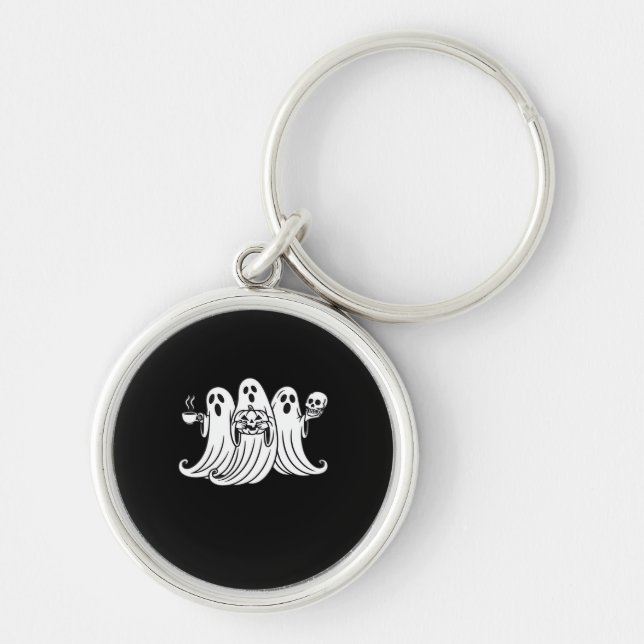 Spooky Coffee Sipping Pumpkin Holding Key Ring (Front)
