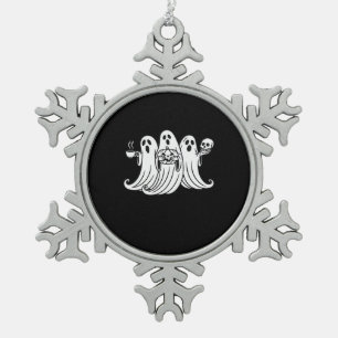 Spooky Coffee Sipping Pumpkin Holding Snowflake Pewter Christmas Ornament