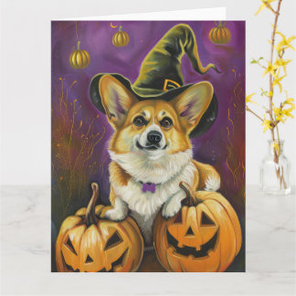 Spooky Corgi Dog Halloween Witch Pumpkin Card